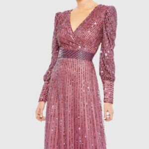 MAC DUGGAL 5720 SEQUINED WRAP OVER BISHOP SLEEVE MAUVE GOWN sz 8